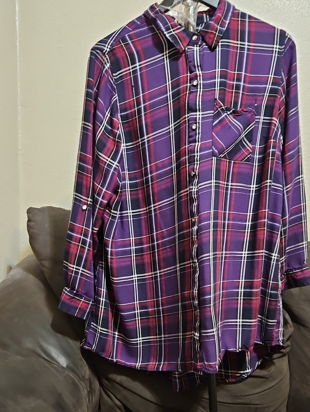Cato Purple and Red Plaid Button-Up Blouse